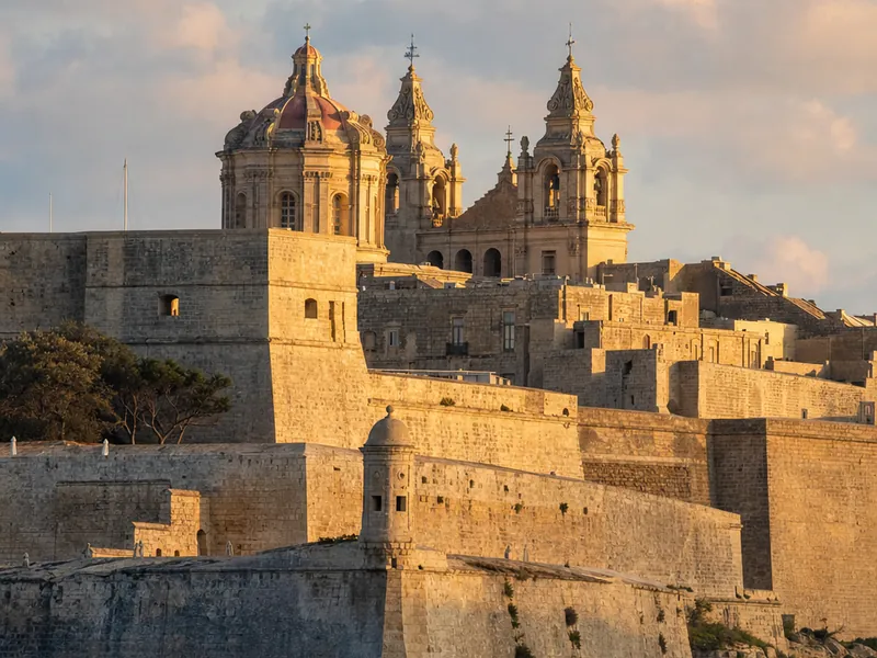 Golden limestone bastions rising from deep blue harbour water beneath the domes of Valletta.